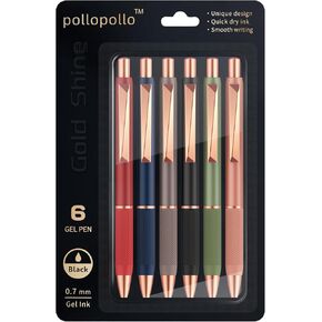 pollopollo Gel Pens, 6-Pack Retractable Click Pens 0.7mm Medium Point Black Ink with Textured Grip, Writing Pens for Office School (Gold Shine) in Saudi Arabia