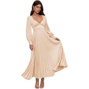 Long Sleeve Satin Bridesmaid Dresses A Line - V Neck Formal Evening Gown for Women in Saudi Arabia