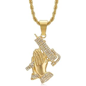 NEGS 18K Gold Plated Prayer Hand with Gun Pendant Stainless Steel Rock Necklace for Men Women, 24 Inch Chain Hip Hop Rock Amulet Jewelry Gift in Saudi Arabia