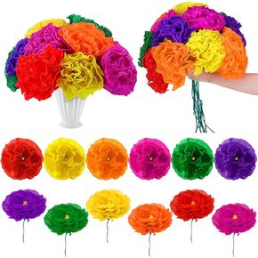 12 Pcs Mexican Paper Flowers Artificial Rainbow Crepe Paper Flowers Bunch with 15in Long Stem Mexican Fiesta Assorted De Papel para Decoracion for Fiesta Cinco De Mayo Party Home Decor in Kuwait