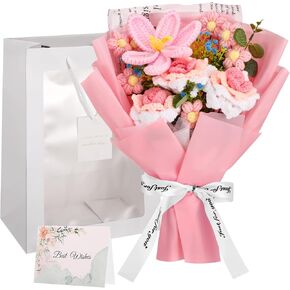 Ovveroche Crochet Flowers Bouquet, Hand Knitted Rose Tulip Crochet Flower with Gift Bag Greeting Card for Mother's Day, Home Decor, Weddings, Birthdays, Anniversary Graduation Gift in Kuwait