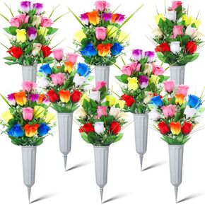 8 Set 16 Pcs Artificial Cemetery Vase with Flowers for Grave Memorial Artificial Floral Bouquet with Vases and Spike for Outdoor Cemetery Headstones Grave Lawn Yard Decoration(Vivid Color) in Kuwait