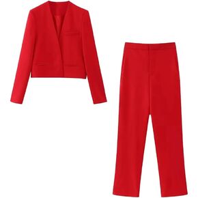 Fulbant Women Vintage Red Solid V-Neck Short Blazer Pockets Straight Long Loose Pants Suit in Saudi Arabia