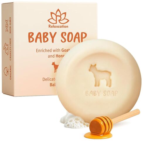 Baby Soap Bar with Goat Milk and Honey - Naturally Cold Processed from Organic Ingredients - Delicate for Newborn Skin, Gift for babys, Kids, Toddlers and Adults - Handmade in USA in Kuwait
