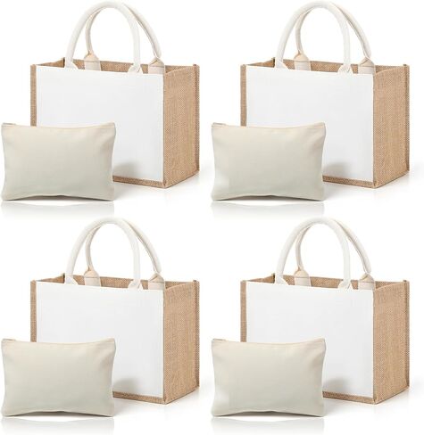 4 Set Burlap Tote Bag, Jute Tote Bag with Canvas Makeup Pouch Burlap Gift Bags with Handles Reusable DIY Craft Blank Gift Bages Blank Canvas Grocery Bags for Bridesmaid, Shopping, Pool, Wedding in Kuwait