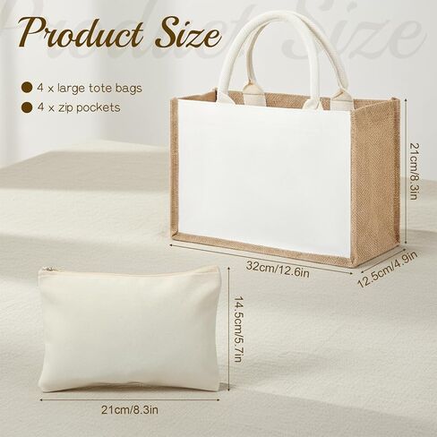 4 Set Burlap Tote Bag, Jute Tote Bag with Canvas Makeup Pouch Burlap Gift Bags with Handles Reusable DIY Craft Blank Gift Bages Blank Canvas Grocery Bags for Bridesmaid, Shopping, Pool, Wedding in Kuwait