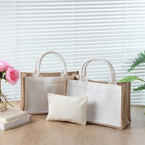 4 Set Burlap Tote Bag, Jute Tote Bag with Canvas Makeup Pouch Burlap Gift Bags with Handles Reusable DIY Craft Blank Gift Bages Blank Canvas Grocery Bags for Bridesmaid, Shopping, Pool, Wedding in Kuwait