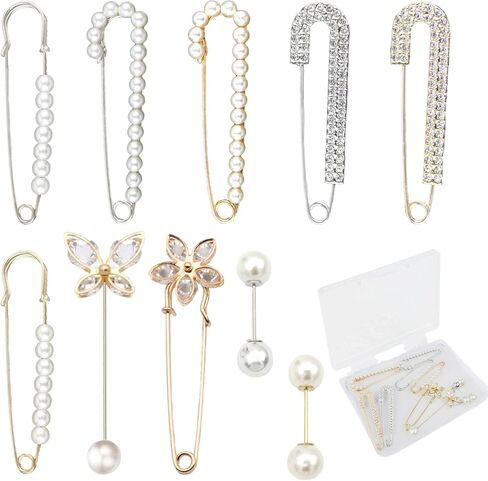 10 PCS Crystal Brooch Pins Set Fashion Pearl Sweater Shawl Clips Retro Rhinestone Pearl Pins in Saudi Arabia