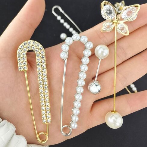 10 PCS Crystal Brooch Pins Set Fashion Pearl Sweater Shawl Clips Retro Rhinestone Pearl Pins in Saudi Arabia