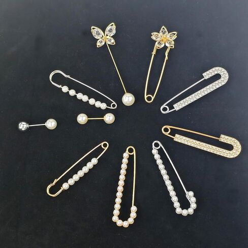 10 PCS Crystal Brooch Pins Set Fashion Pearl Sweater Shawl Clips Retro Rhinestone Pearl Pins in Saudi Arabia