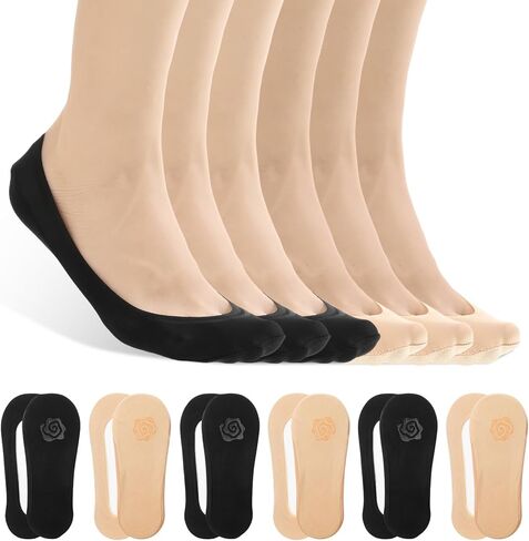6 Pairs No Show Socks for Women, Ultra Low Cut Invisible Socks for Flats Non Slip Liner Sock for Spring Summer (Black and Skin) in Kuwait