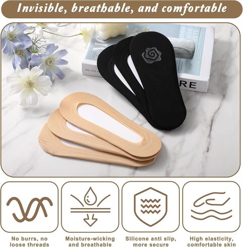 6 Pairs No Show Socks for Women, Ultra Low Cut Invisible Socks for Flats Non Slip Liner Sock for Spring Summer (Black and Skin) in Kuwait