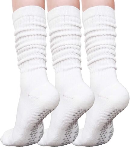 Grip Pilates Socks for Women Mid Calf Slouch Yoga Socks with Non Slip Grippers for Barre Hospital Workout 3 Pairs in Saudi Arabia