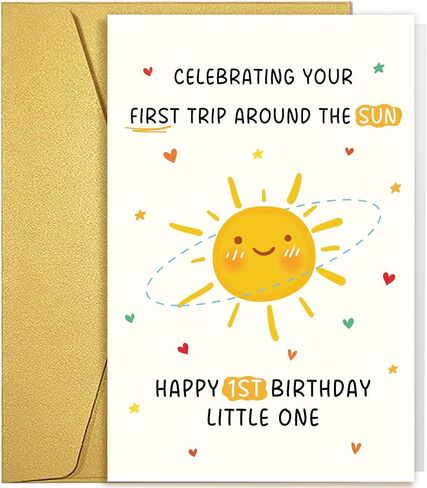 Qiliji First Birthday Card for Baby Boy or Girl, Happy 1st Birthday Card for Daughter Son Granddaughter Grandson Niece Nephew, Celebrating Your First Trip Around the Sun Little One in Saudi Arabia