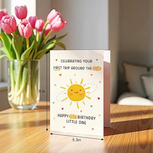 Qiliji First Birthday Card for Baby Boy or Girl, Happy 1st Birthday Card for Daughter Son Granddaughter Grandson Niece Nephew, Celebrating Your First Trip Around the Sun Little One in Saudi Arabia