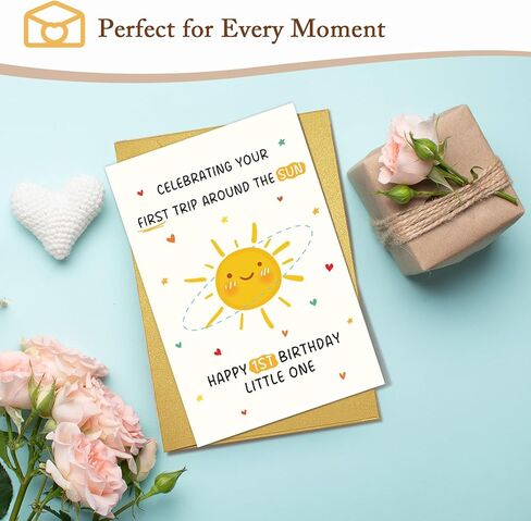 Qiliji First Birthday Card for Baby Boy or Girl, Happy 1st Birthday Card for Daughter Son Granddaughter Grandson Niece Nephew, Celebrating Your First Trip Around the Sun Little One in Saudi Arabia