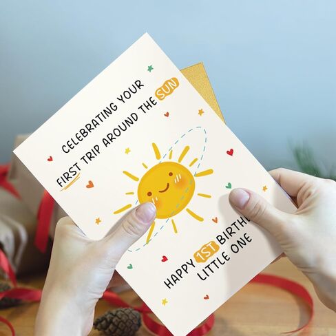 Qiliji First Birthday Card for Baby Boy or Girl, Happy 1st Birthday Card for Daughter Son Granddaughter Grandson Niece Nephew, Celebrating Your First Trip Around the Sun Little One in Saudi Arabia