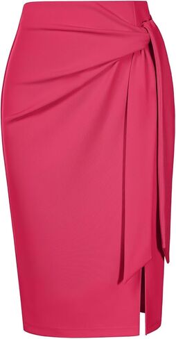 Kate Kasin Women's Skirt Elastic High Waist Bow Tie Knee Length Stretch Bodycon Pencil Skirts with Slit in Saudi Arabia