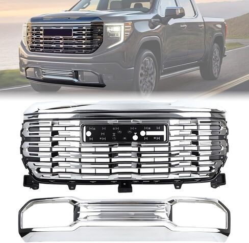 Black Grille Set 2pcs Compatible with 2022-2025 GMC Sierra 1500 Denali/Denali Ultimate w/Camera Hole Upper Grill & Front Bumper Lower Skid Plate Valance in Kuwait