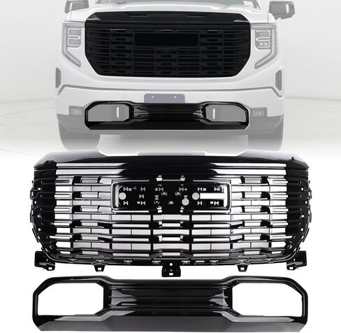 Black Grille Set 2pcs Compatible with 2022-2025 GMC Sierra 1500 Denali/Denali Ultimate w/Camera Hole Upper Grill & Front Bumper Lower Skid Plate Valance in Saudi Arabia