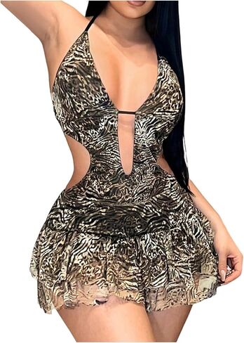 Verdusa Women's Y2K Leopard Tie Backless Halter Dresses Cut Out Ruffle Layered Date Night Dress in Saudi Arabia