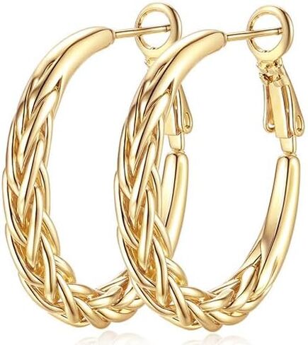 أقراط دائرية مطلية بالذهب عيار 14 قيراط للنساء، أقراط للنساء، حلق كبير للنساء، تصميم نسج معقد، أقراط نسائية سميكة in Kuwait