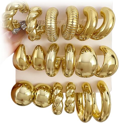 9 Pair Gold Silver Hoop Earrings for Women Hypoallergenic Chunky Gold Earrings Trendy Lightweight Round Ball Earrings Fashion Jewelry Gifts Accessories in Saudi Arabia
