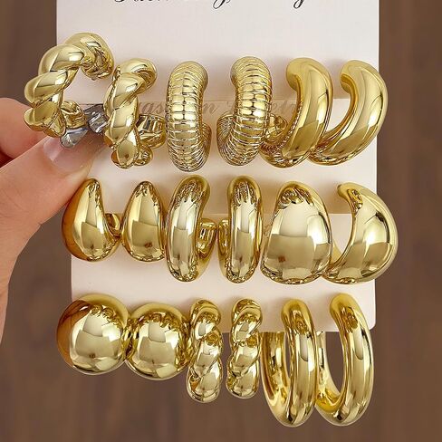 9 Pair Gold Silver Hoop Earrings for Women Hypoallergenic Chunky Gold Earrings Trendy Lightweight Round Ball Earrings Fashion Jewelry Gifts Accessories in Saudi Arabia