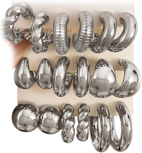 9 Pair Gold Silver Hoop Earrings for Women Hypoallergenic Chunky Gold Earrings Trendy Lightweight Round Ball Earrings Fashion Jewelry Gifts Accessories in Kuwait