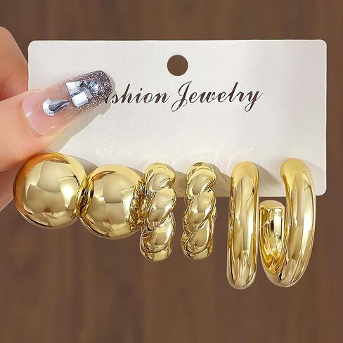 9 Pair Gold Silver Hoop Earrings for Women Hypoallergenic Chunky Gold Earrings Trendy Lightweight Round Ball Earrings Fashion Jewelry Gifts Accessories in Saudi Arabia