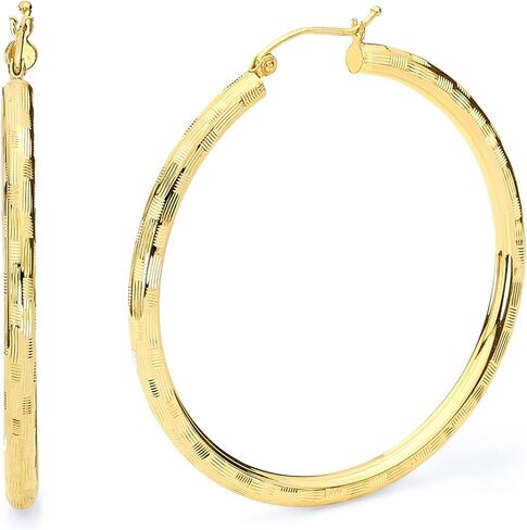 14k REAL Yellow Gold 3mm Thickness Hinged Diamond Cut Hoop Earrings - 6 Different Size Available in Saudi Arabia