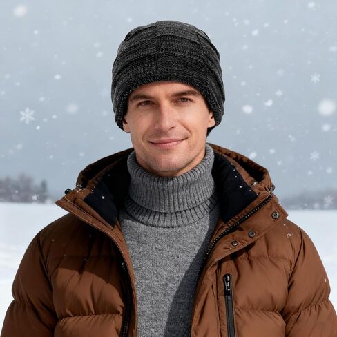 Slouchy Beanies Lightweight Warm Beanies Fleece Lined Hat Unisex Soft Cuffed Thick Knitted Winter Hat Stocking Cap for Men Women Gifts for Cold Weather Black in Kuwait