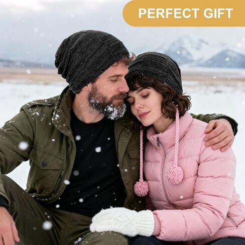 Slouchy Beanies Lightweight Warm Beanies Fleece Lined Hat Unisex Soft Cuffed Thick Knitted Winter Hat Stocking Cap for Men Women Gifts for Cold Weather Black in Kuwait