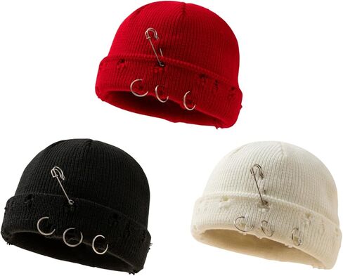 3 Pcs Distressed Beanie with Iron Ring Hip-hop Knitted Ripped Hat Punk Grunge Accessories in Saudi Arabia