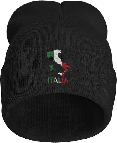 Italian Flag Map Embroidered Winter Beanie, Black Knit Skull Cap, Unisex Stretch Hat in Kuwait
