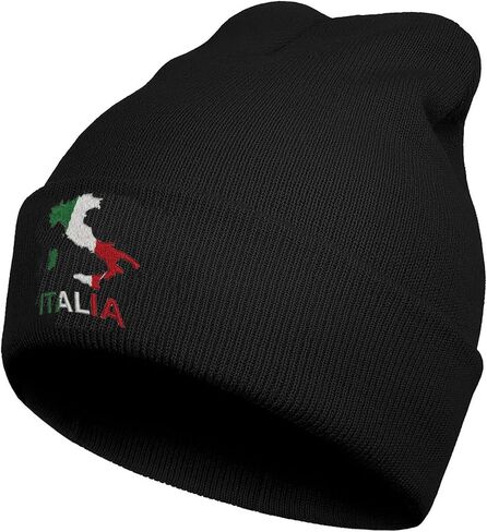 Italian Flag Map Embroidered Winter Beanie, Black Knit Skull Cap, Unisex Stretch Hat in Kuwait