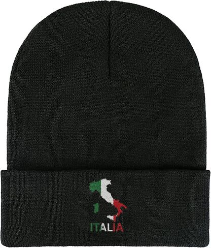 Italian Flag Map Embroidered Winter Beanie, Black Knit Skull Cap, Unisex Stretch Hat in Kuwait