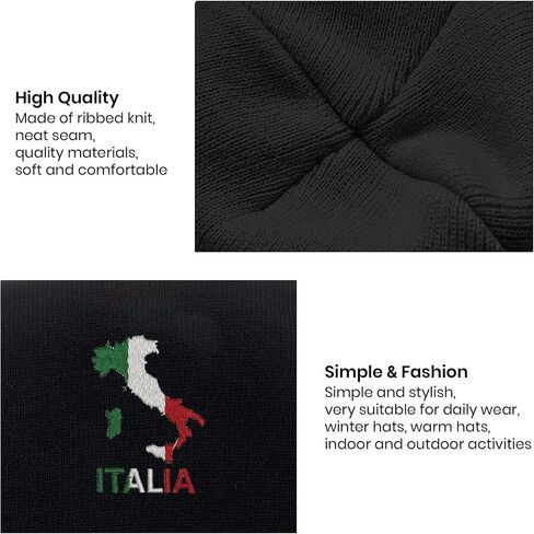 Italian Flag Map Embroidered Winter Beanie, Black Knit Skull Cap, Unisex Stretch Hat in Kuwait