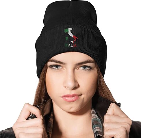 Italian Flag Map Embroidered Winter Beanie, Black Knit Skull Cap, Unisex Stretch Hat in Kuwait