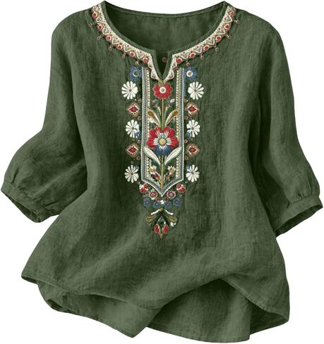 بلوزات مطرزة للنساء 3/4 كم بوهو قطن قمصان كتان فضفاضة متأنق بلوزات شاش بلوزات بوهيمية غير رسمية in Kuwait