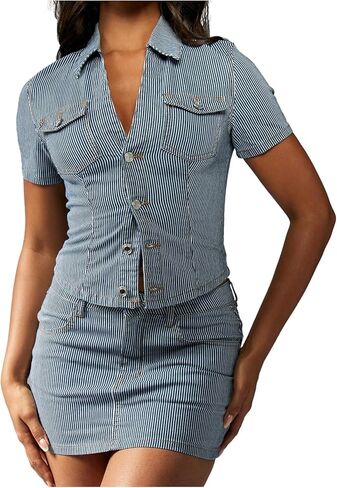 MakeMeChic Women's Striped Button Down Denim Top Short Sleeve Collared Summer Y2K Jean Crop Tops in Saudi Arabia
