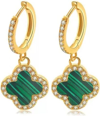 Boho Four Leaf Clover Earrings Green Clover Earrings Crystal Clover Dangle Earrings Cz Huggie Hoop Earrings Jewelry for Women and Girls Gifts (Green) in Kuwait