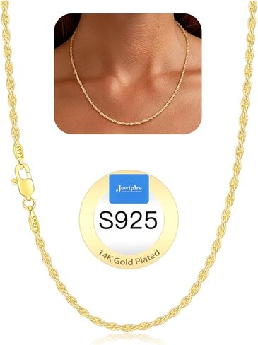 Jewlpire Italian 14K Real Gold Over 925 Sterling Silver Chain Necklace for Women Men, 1.5mm Rope Chain Dainty & Sturdy Women's Chain Necklaces 16 18 20 22 24 26 Inch in Kuwait
