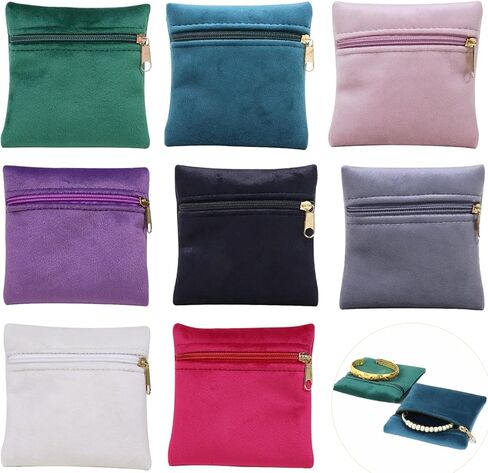 8 Pcs Small Velvet Jewelry Pouches with Zipper, 3.94" X 3.94" Padded Velvet Jewelry Pouch for Bracelets, Earrings, Necklaces, Rings, and Bangles Travel Jewelry Storage, (Mixed color) in Kuwait
