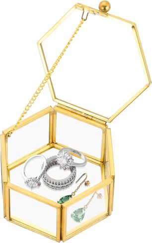 Vintage Gold Hexagonal Transparent Jewelry Box, 3.1 x 2.5 x 1.7inch Glass Jewelry Box for Display, Decorative, Trinket Box for Rings, Earrings, Keepsakes, Clear Glass Jewelry Display Case in Saudi Arabia