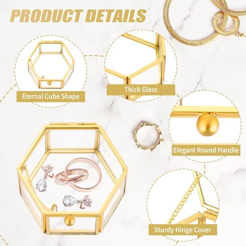 Vintage Gold Hexagonal Transparent Jewelry Box, 3.1 x 2.5 x 1.7inch Glass Jewelry Box for Display, Decorative, Trinket Box for Rings, Earrings, Keepsakes, Clear Glass Jewelry Display Case in Saudi Arabia