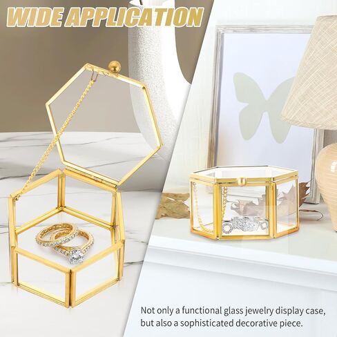 Vintage Gold Hexagonal Transparent Jewelry Box, 3.1 x 2.5 x 1.7inch Glass Jewelry Box for Display, Decorative, Trinket Box for Rings, Earrings, Keepsakes, Clear Glass Jewelry Display Case in Saudi Arabia