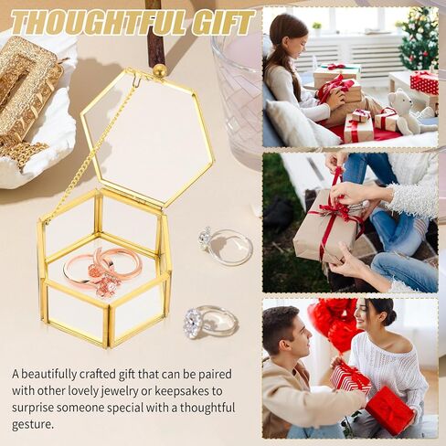 Vintage Gold Hexagonal Transparent Jewelry Box, 3.1 x 2.5 x 1.7inch Glass Jewelry Box for Display, Decorative, Trinket Box for Rings, Earrings, Keepsakes, Clear Glass Jewelry Display Case in Saudi Arabia