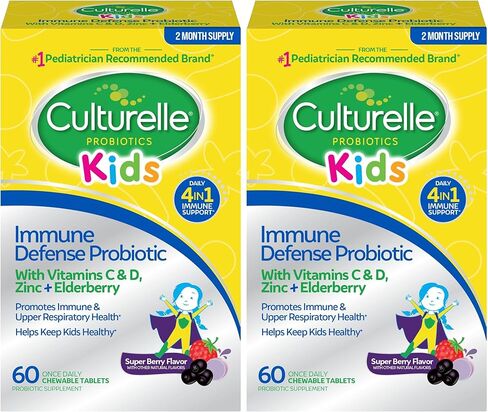 Culturelle Immune Defense Probiotic with Vitamin C, Vitamin D and Zinc + Elderberry, Non-GMO, 4-in-1 Immune Support for Kids Ages 3+*, Mixed Berry Chewables, 30 Count in Saudi Arabia