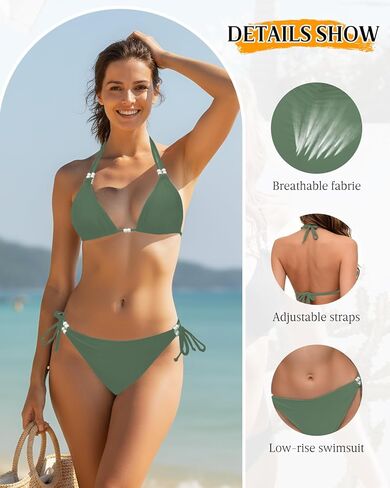 Women's Bikini Two Piece Swimsuits Black Bikini Sexy Pearl Halter Triangle Bikinis Sets Tie Side Bottom Bathing Suits in Saudi Arabia
